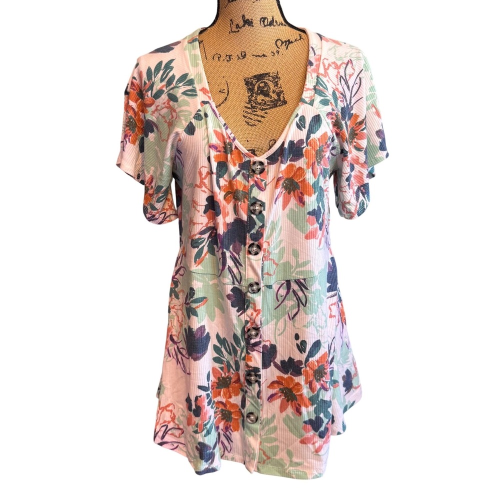 Torrid Womens Floral Boho Feminine Ribbed Button Front Peplum Blouse Top Size 1X